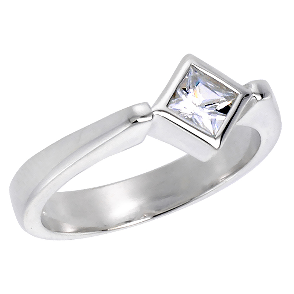 Sterling Silver Cubic Zirconia 5mm Princess Cut Solitaire Engagement Ring for Women Bezel Set sizes 6-10