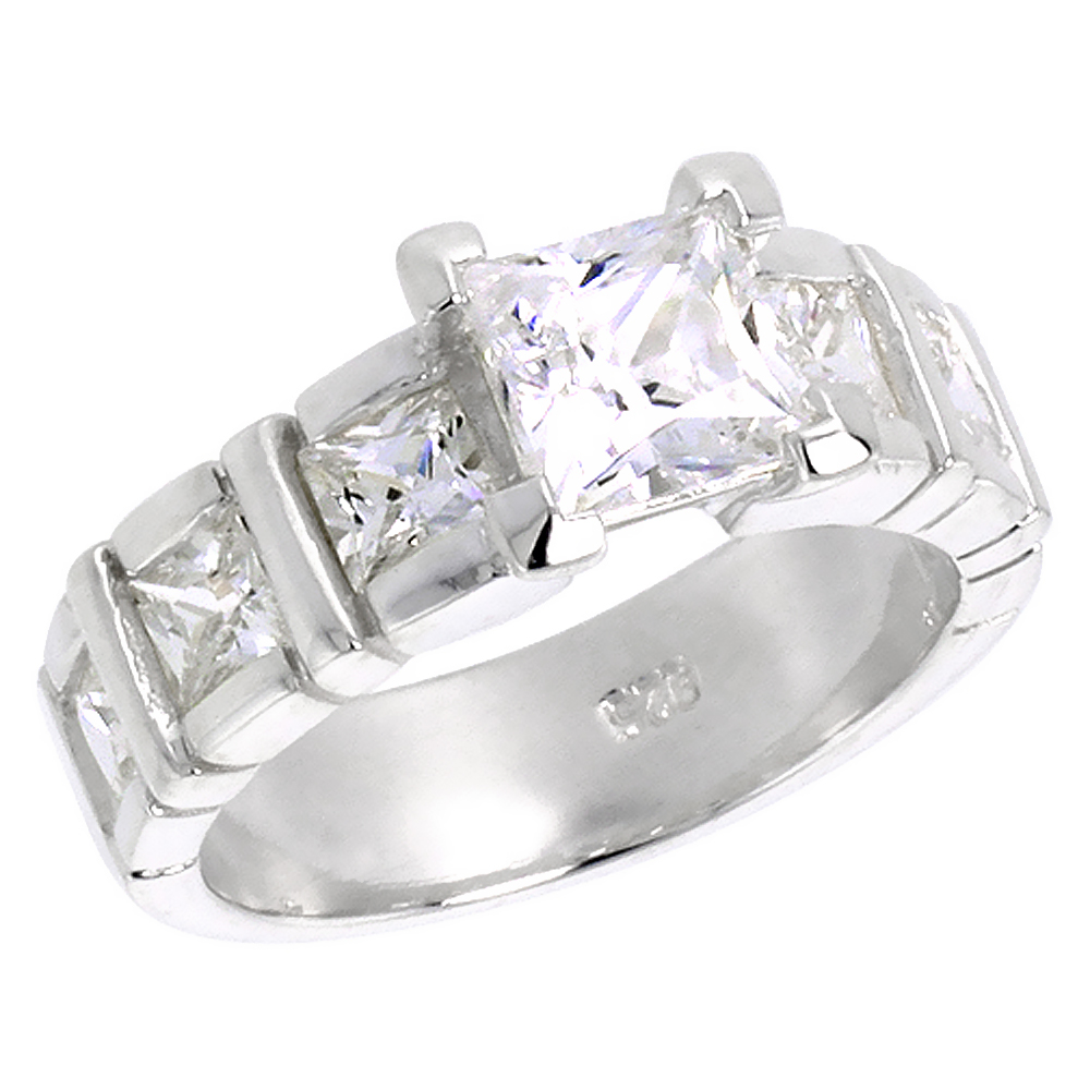 Sterling Silver CZ 8mm Princess Cut 7-stone Engagement Ring Women 5/16 inch wide, sizes 6-10
