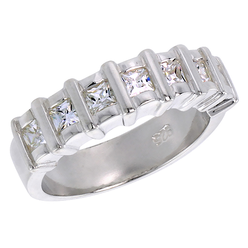 Sterling Silver CZ 6mm Princess Cut 7-stone Engagement Ring Women 1/4 inch wide, sizes 6-10