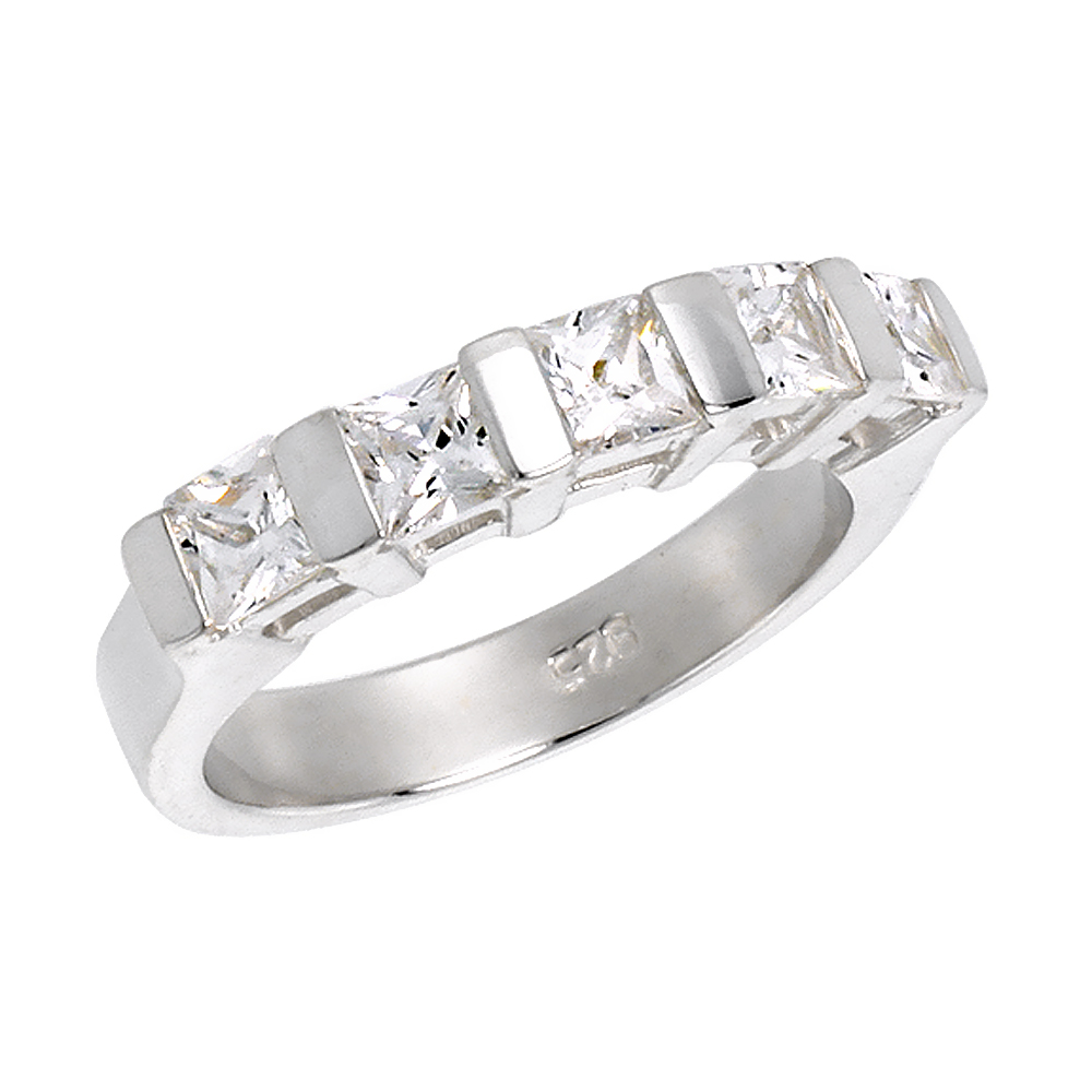 Sterling Silver CZ 3.5mm Princess Cut 5-stone Engagement Ring Women 1/8 inch wide, sizes 6-10