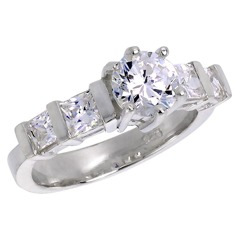 Sterling Silver CZ 8mm Brilliant Cut 5-stone Engagement Ring Women Square CZ Sides , sizes 6-10