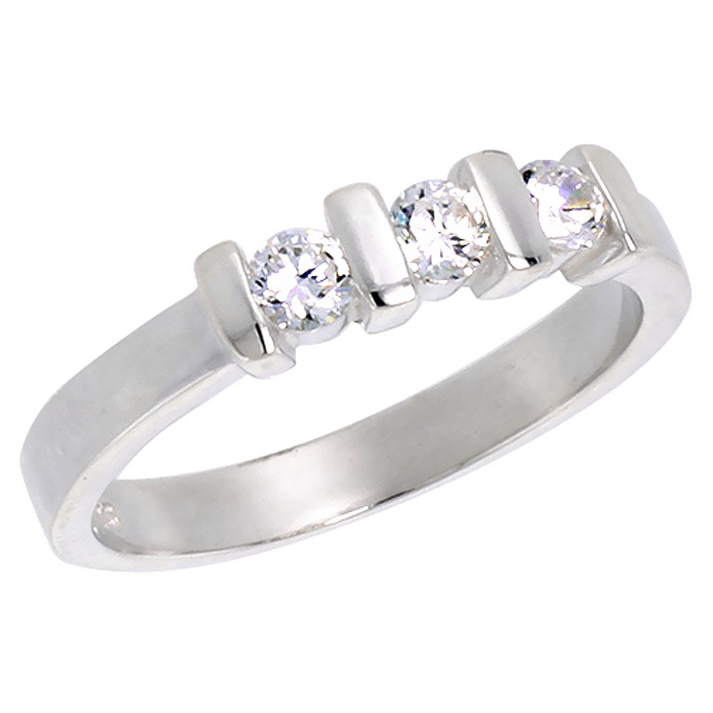 STERLING SILVER CZ 3.5MM BRILLIANT CUT 3-STONE ENGAGEMENT RING WOMEN CHANNEL SET 1/8 INCH WIDE SIZES 6-10