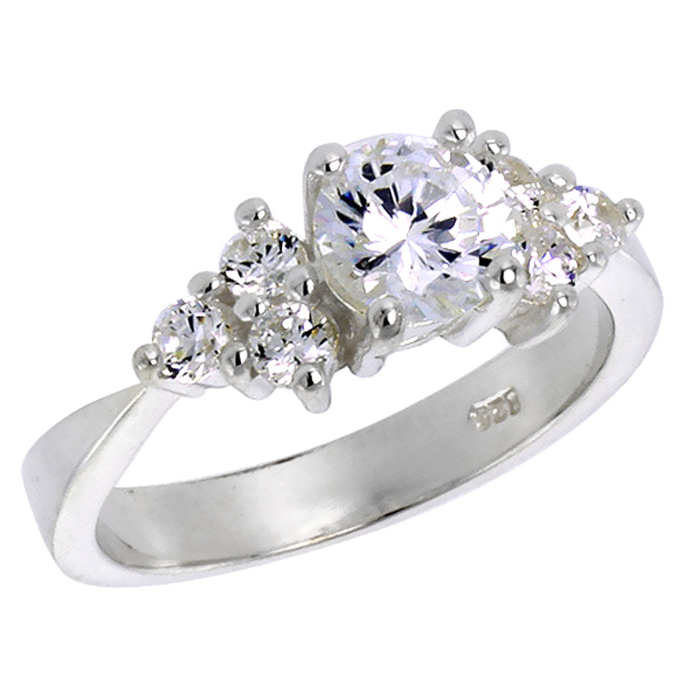 STERLING SILVER CZ 6MM BRILLIANT CUT 7-STONE ENGAGEMENT RING WOMEN TAPERED SHANK 1/4 INCH WIDE SIZES 6-10