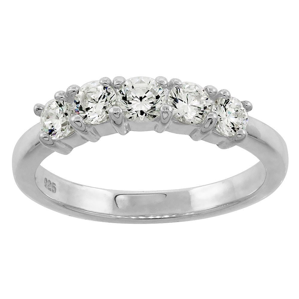 STERLING SILVER CUBIC ZIRCONIA 5-STONE BAND RING BRILLIANT CUT 1/8 INCH WIDE SIZES 6 - 10
