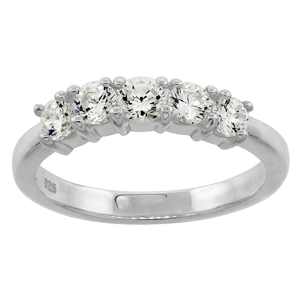 Sterling Silver Cubic Zirconia 5-Stone Band Ring Brilliant Cut 1/8 inch wide, sizes 6 - 10