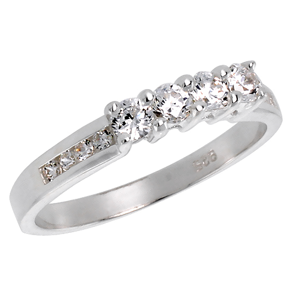 STERLING SILVER CUBIC ZIRCONIA BAND RING BRILLIANT CUT 3/16 INCH WIDE SIZES 6 - 10