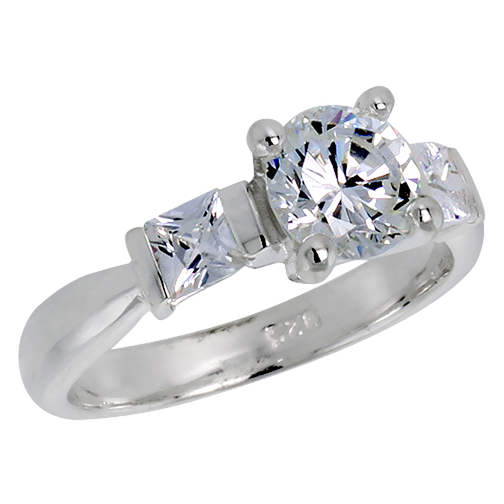 STERLING SILVER CUBIC ZIRCONIA ENGAGEMENT ENGAGEMENT RING BRILLIANT CUT SQUARE SIDE STONES SIZES 6 - 10