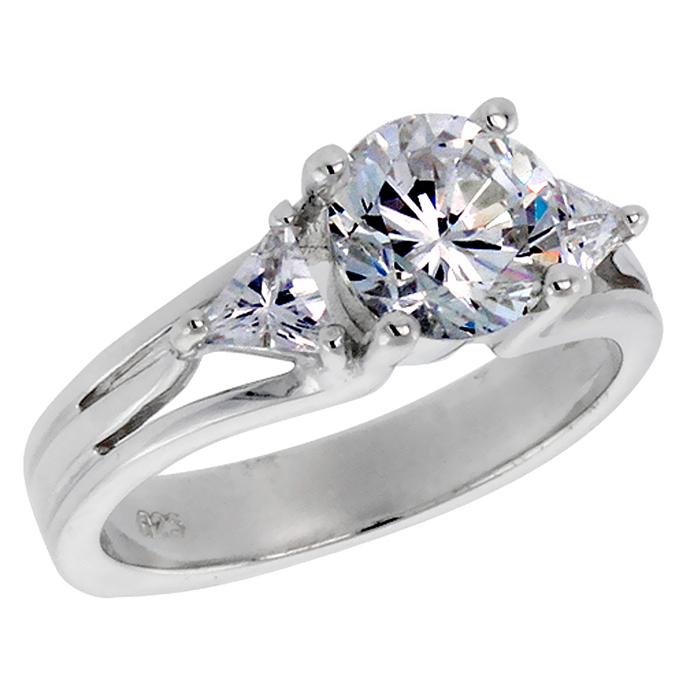 Sterling Silver Cubic Zirconia Engagement Engagement Ring Brilliant Cut Trillium Side stones, sizes 6 - 10