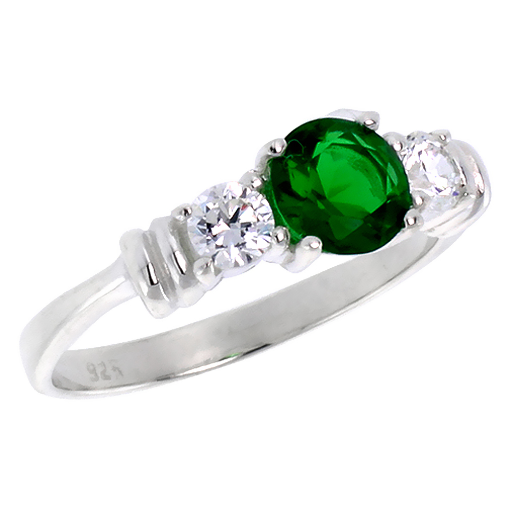 Sterling Silver Cubic Zirconia 3-Stone Engagement Ring Emerald Center, sizes 6 - 10