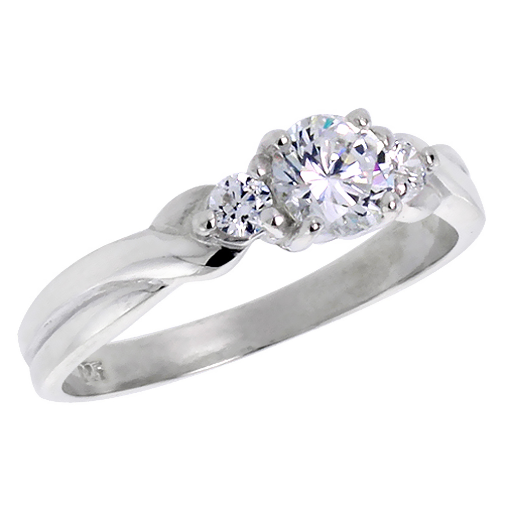 STERLING SILVER CUBIC ZIRCONIA 3-STONE ENGAGEMENT RING BRILLIANT CUT SIZES 6 - 10