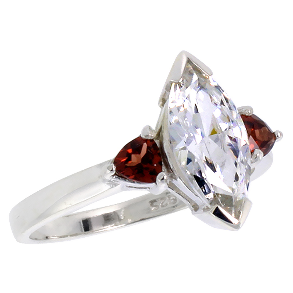Sterling Silver Cubic Zirconia Marquis Engagement Ring Garnet Heart Side stones, sizes 6 - 10