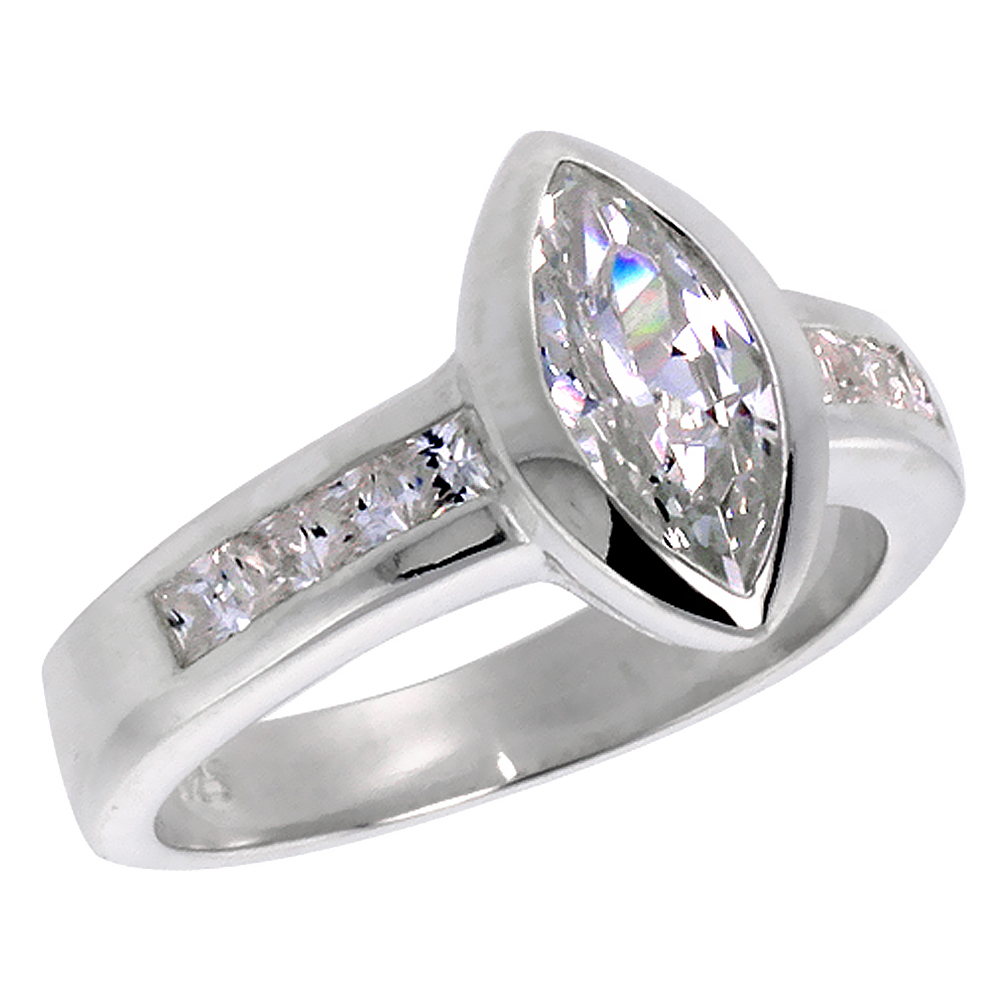 STERLING SILVER CUBIC ZIRCONIA MARQUIS CUT RING FOR WOMEN FLAWLESS POLISHED FINISH BEZEL SET PRINCESS SIDES SIZES 6 - 10
