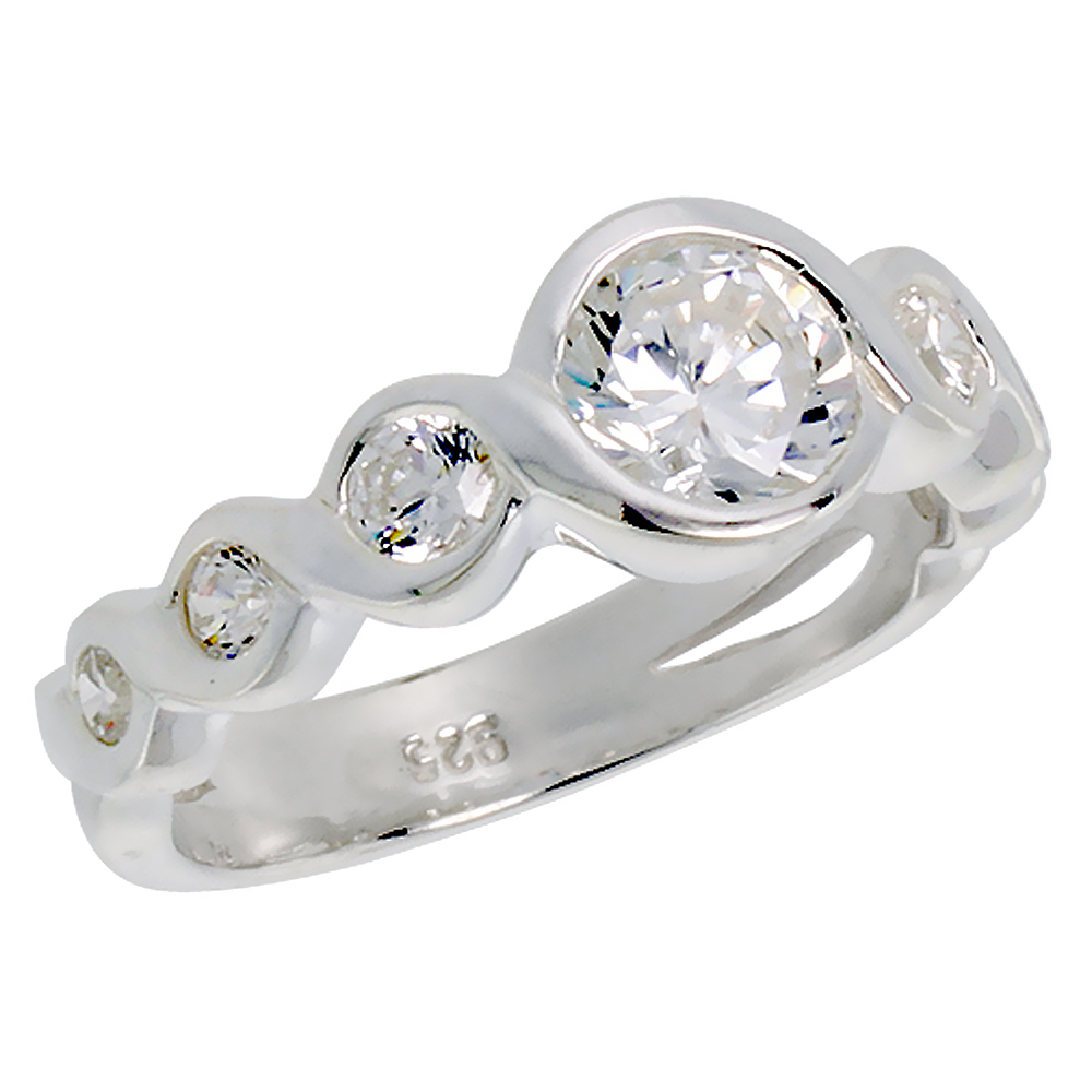 Sterling Silver Cubic Zirconia 7-stone Ring 1 ct Center Bezel set, sizes 6 - 10