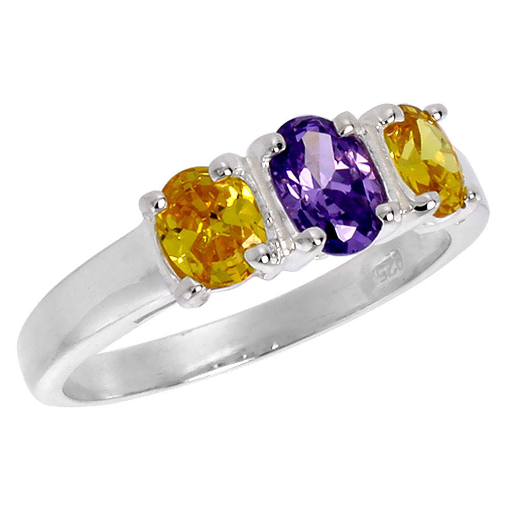 Sterling Silver Cubic Zirconia 3-Stone Ring Amethyst & Citrine color, sizes 6 - 10