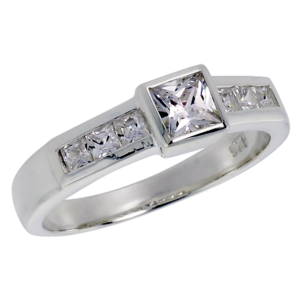 STERLING SILVER CUBIC ZIRCONIA PRINCESS CUT STONES BEZEL SET CENTER SIZES 6 - 10