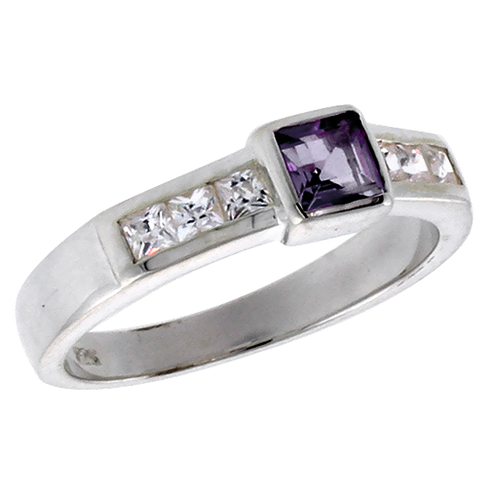 Sterling Silver Amethyst Cubic Zirconia Ring Princess Cut 0.40 ct size, sizes 6 - 10