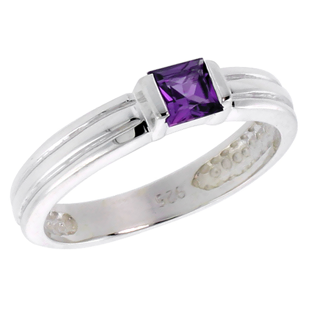 Sterling Silver Amethyst Cubic Zirconia Stack Ring Princess Cut 0.40 ct, sizes 6 - 10