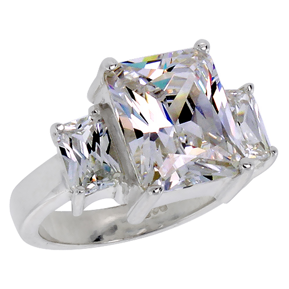 Sterling Silver Cubic Zirconia 3-Stone Engagement Ring 4 ct Emerald Cut center , sizes 6 - 10