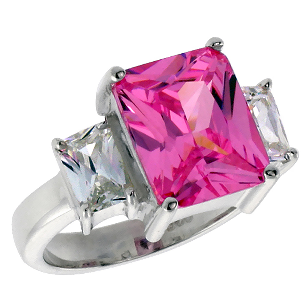 Sterling Silver Pink Cubic Zirconia 3-Stone Engagement Ring 4 ct Emerald Cut center, sizes 6 - 10