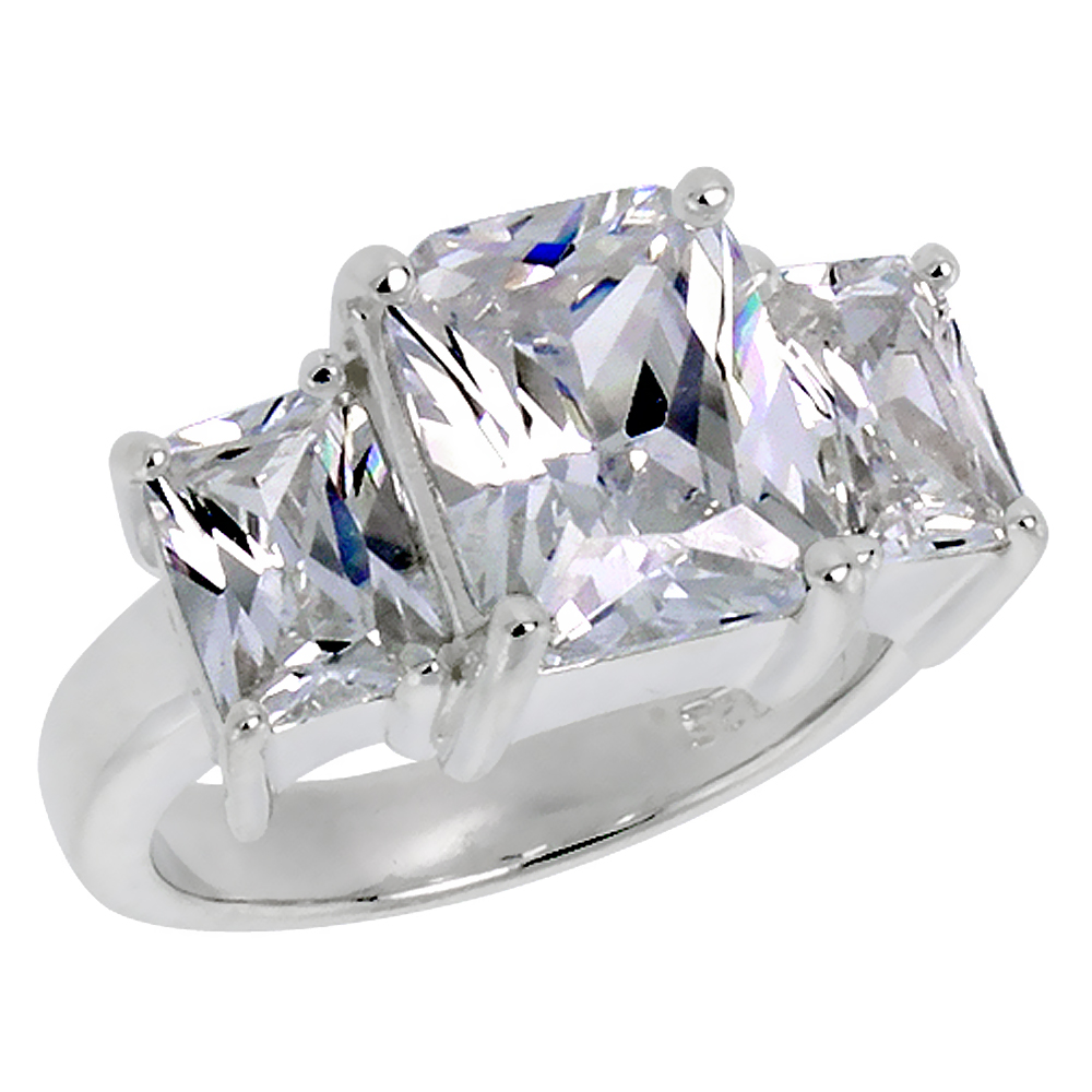 STERLING SILVER PINK CUBIC ZIRCONIA 3-STONE RING EMERALD CUT 3 CT CENTER SIZES 6 - 10