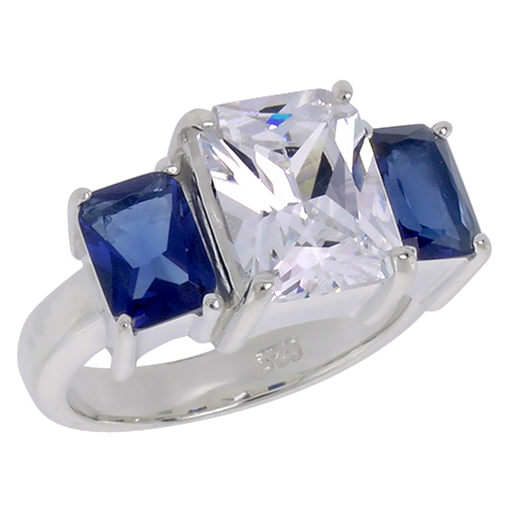 Sterling Silver Cubic Zirconia 3-Stone Ring Emerald Cut 3 ct center Sapphire color Side stones, sizes 6 - 10