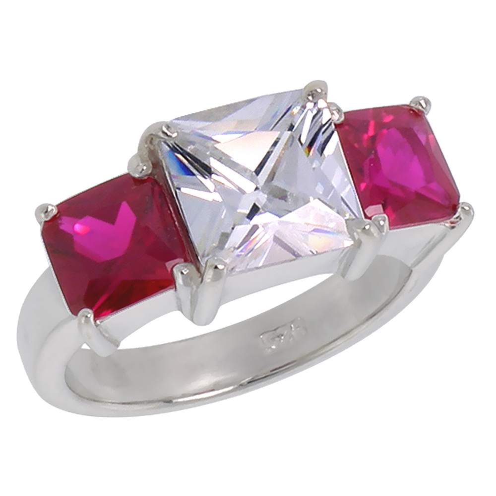 Sterling Silver Cubic Zirconia Princess Cut 3-Stone Ring 3 ct center Ruby Side stones, sizes 6 - 10