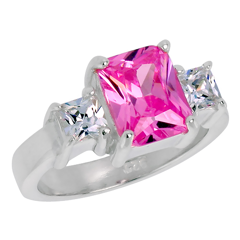 Sterling Silver Cubic Zirconia 3-Stone Ring Emerald Cut 2.5 ct center Pink Side stones, sizes 6 - 10