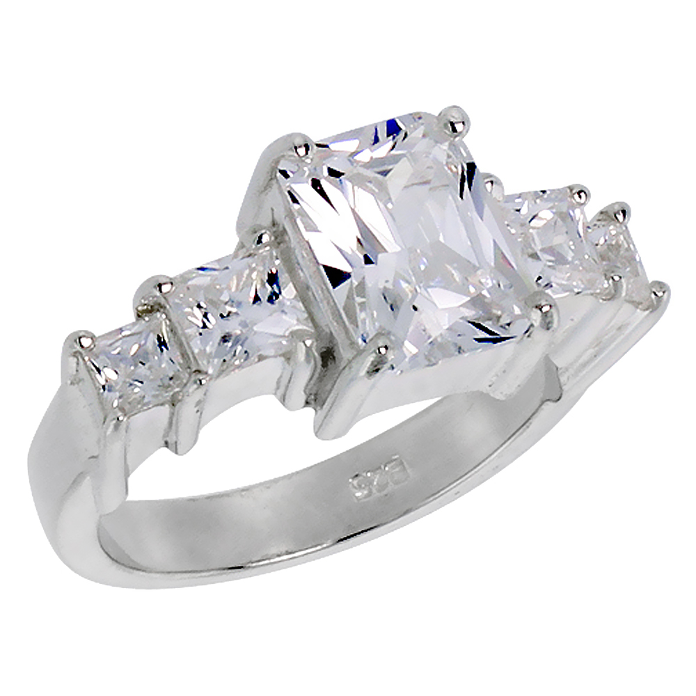 STERLING SILVER CUBIC ZIRCONIA EMERALD CUT 5-STONE RING 2.5 CT CENTER SIZES 6 - 10