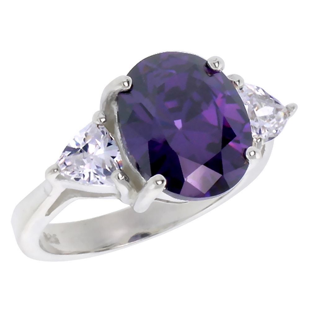 Sterling Silver Amethyst Cubic Zirconia Engagement Ring Oval 5 ct center Trillium Side stones, sizes 6 - 10