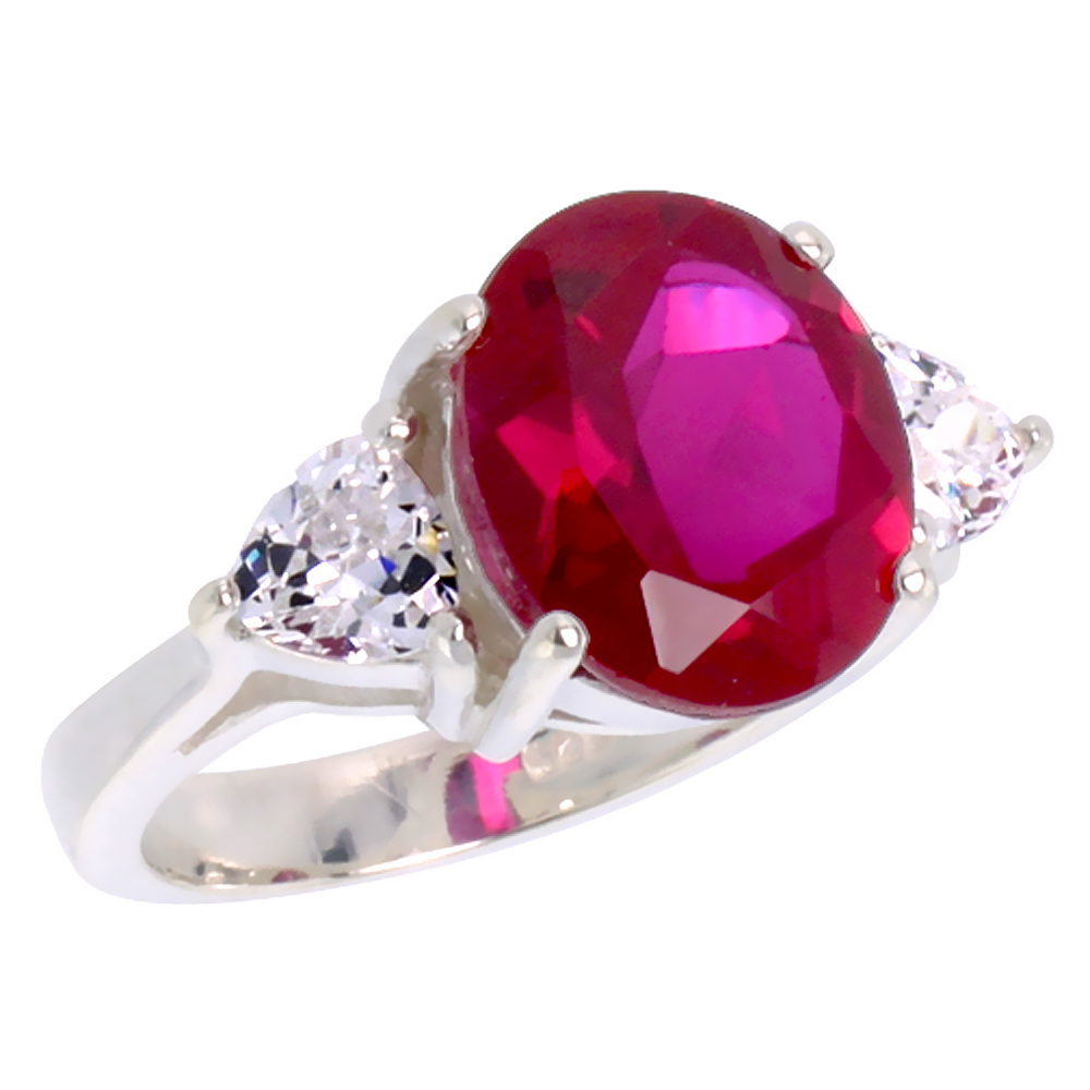 Sterling Silver Ruby Cubic Zirconia Engagement Ring Oval 5 ct center Trillium Side stones, sizes 6 - 10