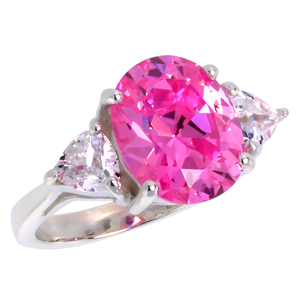 Sterling Silver Pink Cubic Zirconia Engagement Ring Oval 5 ct center Trillium Side stones, sizes 6 - 10