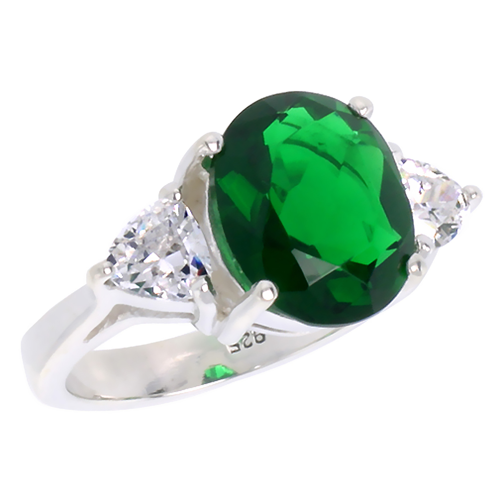 Sterling Silver Emerald Cubic Zirconia Engagement Ring 5 ct Oval center Trillium Side stones, sizes 6 - 10