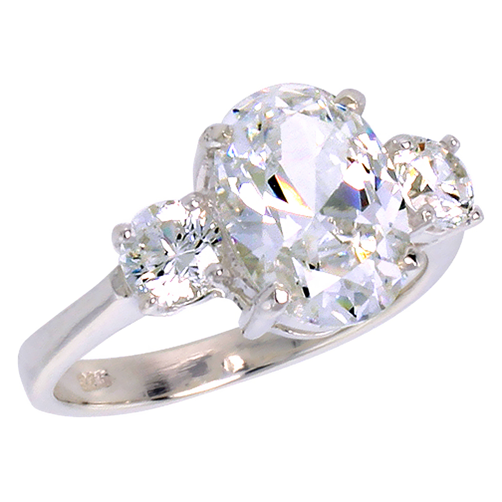 Sterling Silver Cubic Zirconia 3-Stone Engagement Ring 4 ct Oval shape Center , sizes 6 - 10