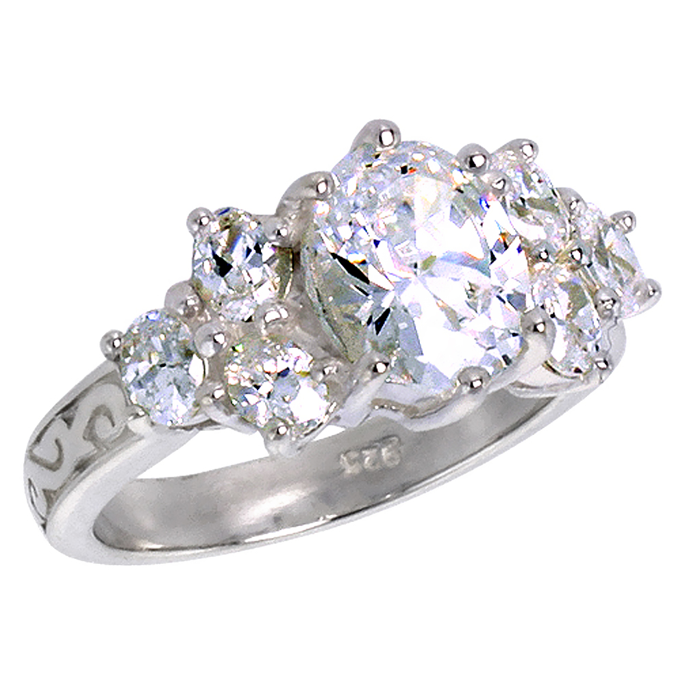 Sterling Silver CZ Engagement Ring 2.5 ct Oval Center Vintage Style 3 stones each side, sizes 6 - 10