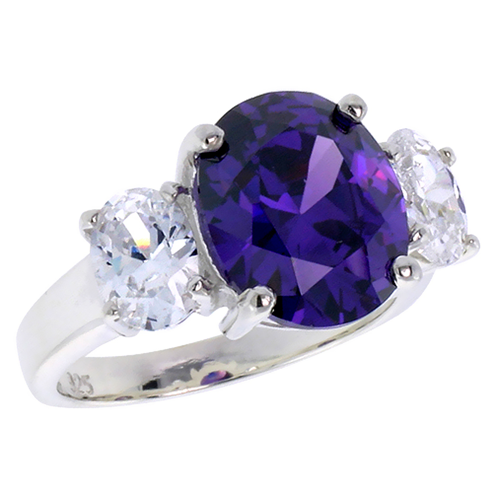 Sterling Silver Amethyst Cubic Zirconia 3-Stone Engagement Ring Oval 5 ct center, sizes 6 - 10