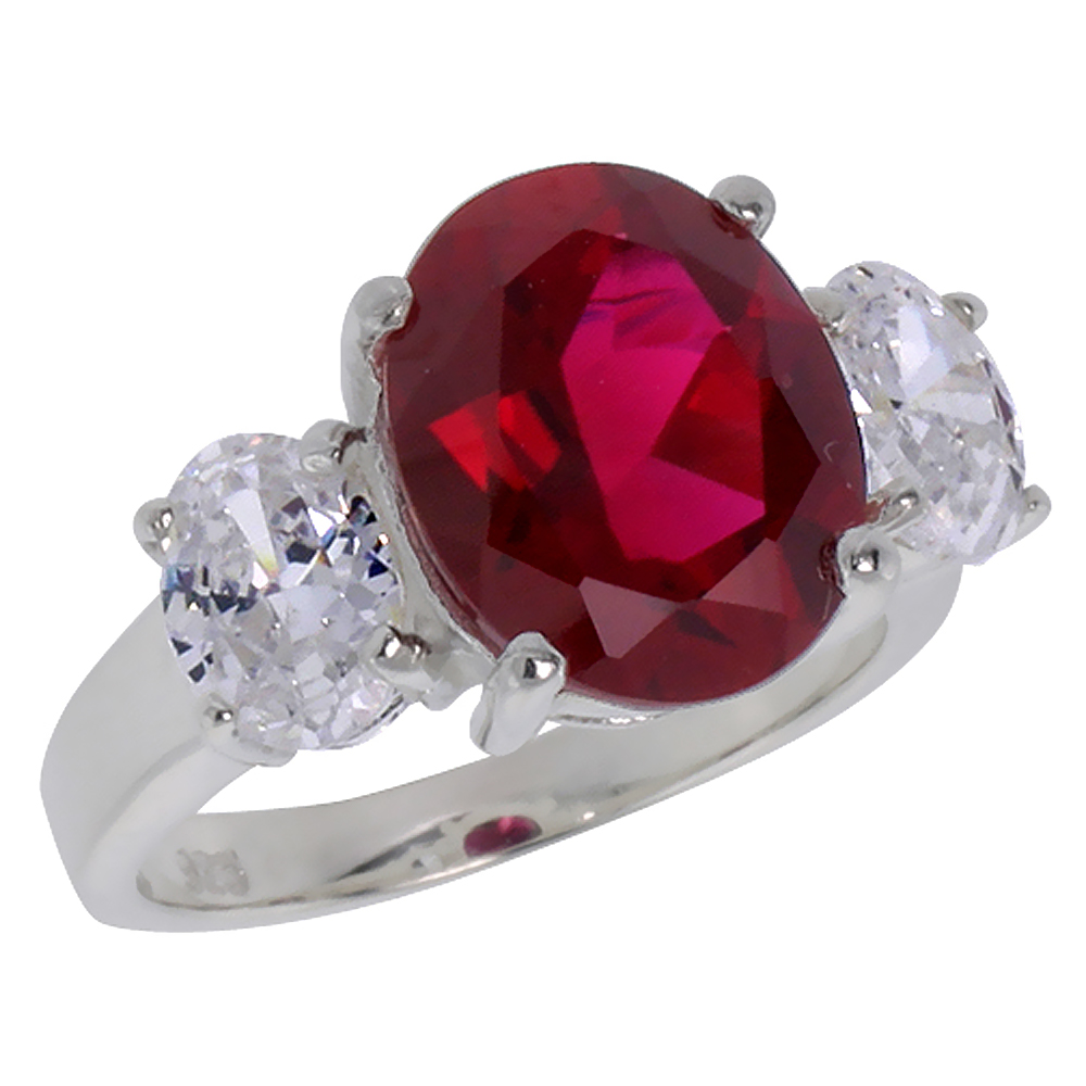 Sterling Silver Ruby Cubic Zirconia 3-Stone Engagement Ring Oval 5 ct center, sizes 6 - 10