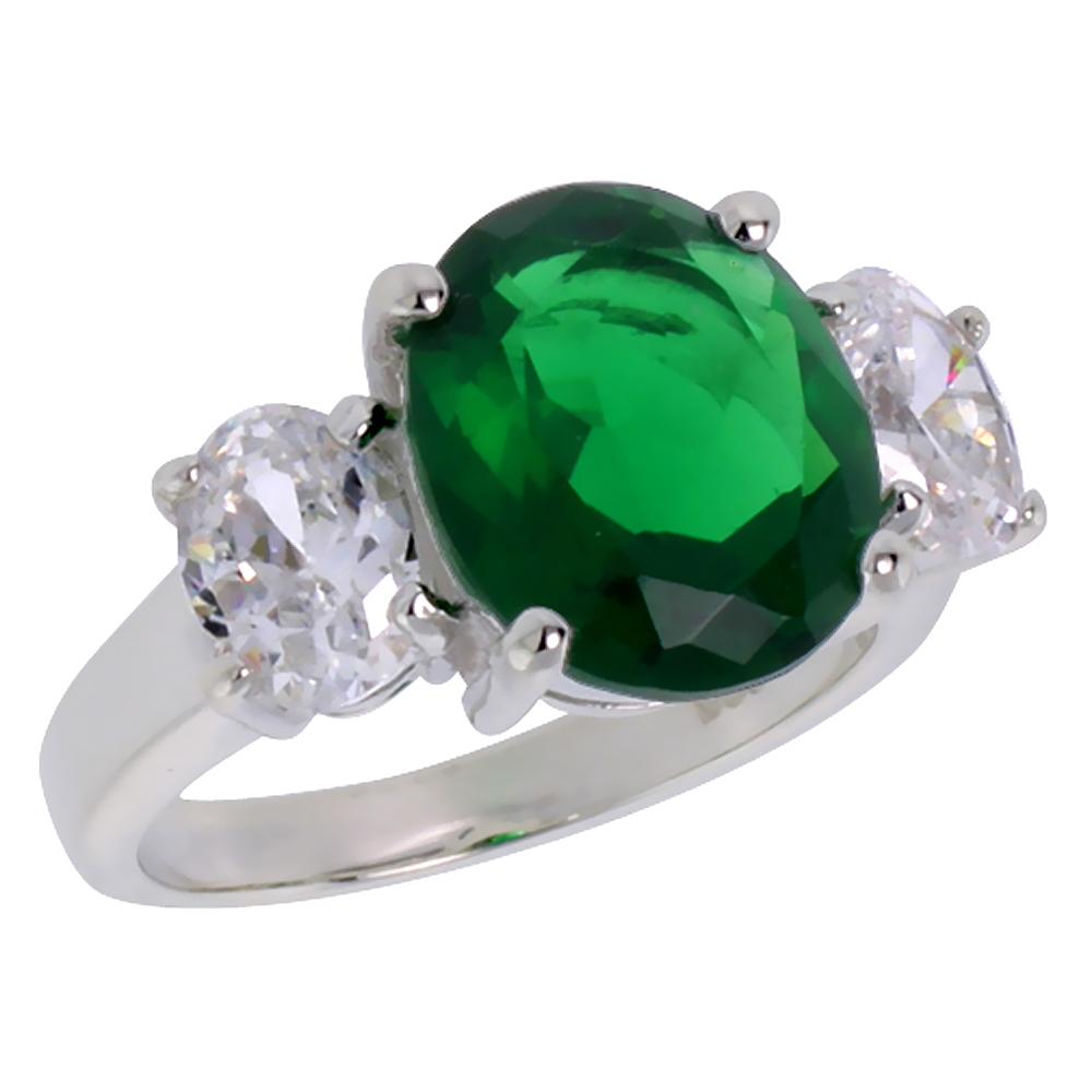 Sterling Silver Emerald Cubic Zirconia 3-Stone Engagement Ring Oval 5 ct center, sizes 6 - 10