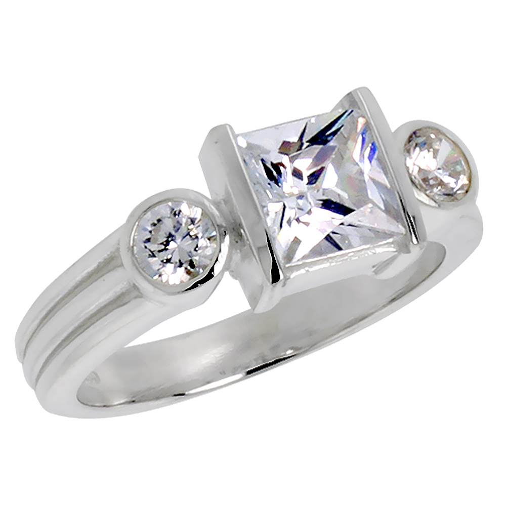 STERLING SILVER CUBIC ZIRCONIA 3-STONE RING FOR WOMEN PRINCESS CUT 2 CT CENTER CHANNEL SET SIZES 6 - 10