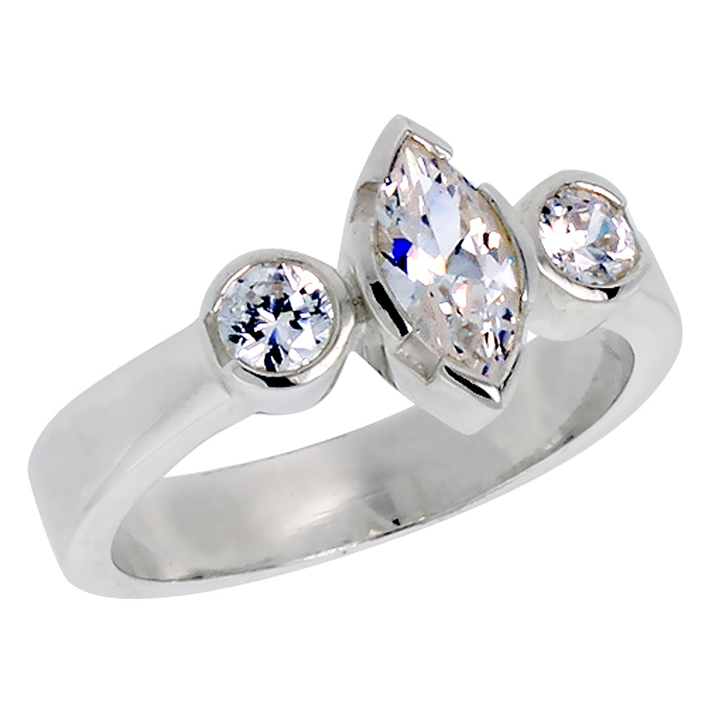 Sterling Silver Cubic Zirconia 3-Stone Engagement Marquis Cut Ring 0.4 ct Center, sizes 6 - 10
