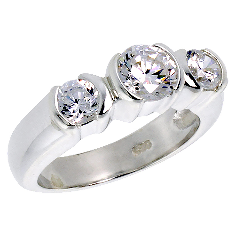 Sterling Silver Cubic Zirconia Brilliant Cut 3-Stone Engagement Ring 1 ct Center, sizes 6 - 10