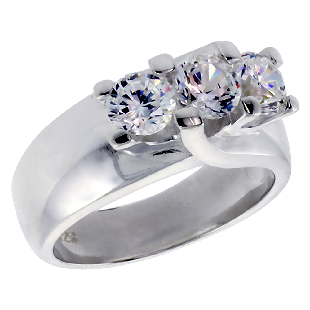 STERLING SILVER CUBIC ZIRCONIA 3-STONE RING FOR WOMEN BRILLIANT CUT 1/2 CT STONES SIZES 6 - 10