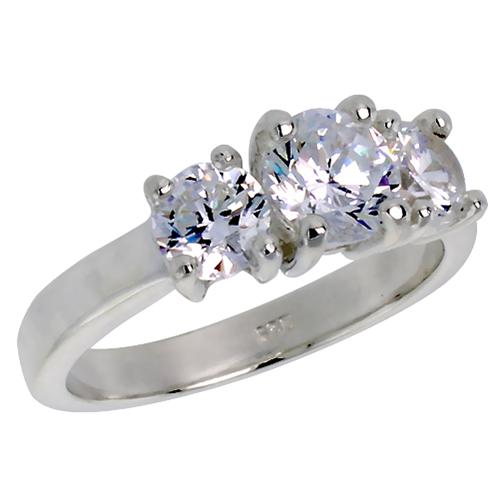 STERLING SILVER CUBIC ZIRCONIA 3-STONE RING FOR WOMEN BRILLIANT CUT 1 CT CENTER SIZES 6 - 10