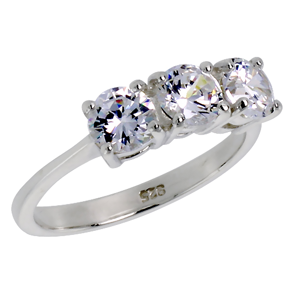 STERLING SILVER CUBIC ZIRCONIA 3-STONE RING FOR WOMEN BRILLIANT CUT 1/2 CT CENTER SIZES 6 - 10