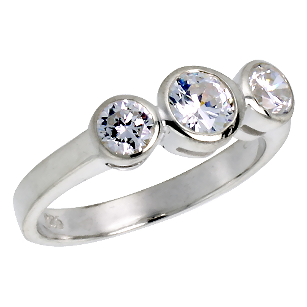 Sterling Silver Cubic Zirconia 3-Stone Ring for Women Bezel Set Brilliant Cut 2/3 ct Center Flawless Finishsizes 6 - 10