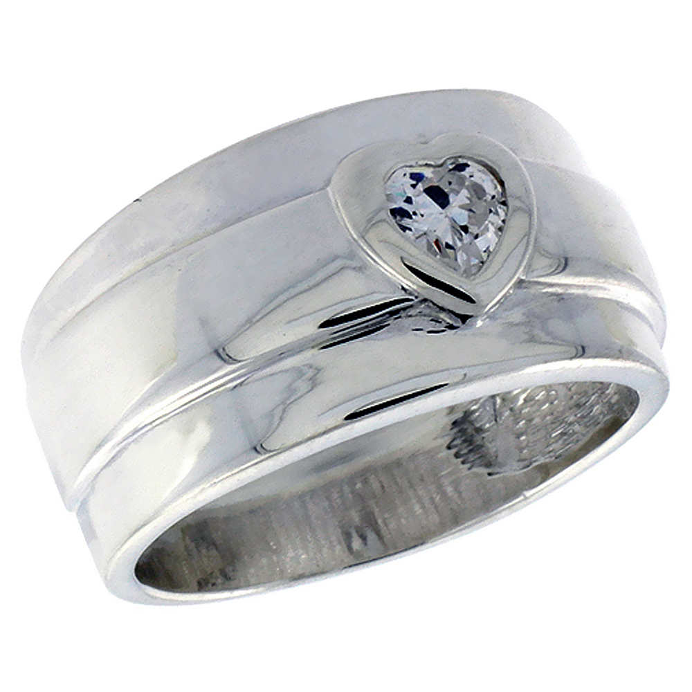Sterling Silver Cubic Zirconia Cigar Band Ring Heart shape � ct Raised Center, sizes 6 - 10