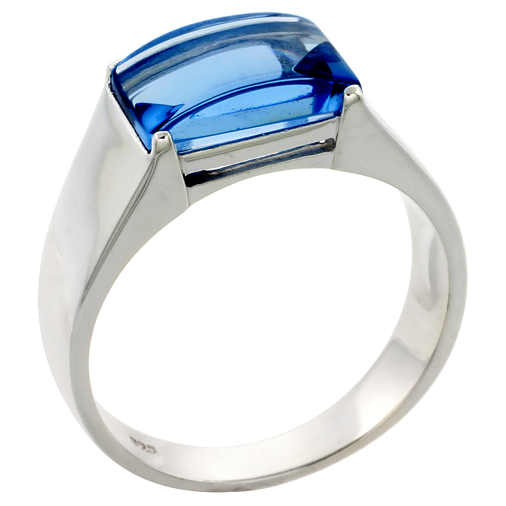 Mens Sterling Silver Blue Topaz Cubic Zirconia Ring Cabochon Stone, sizes 8 to 13