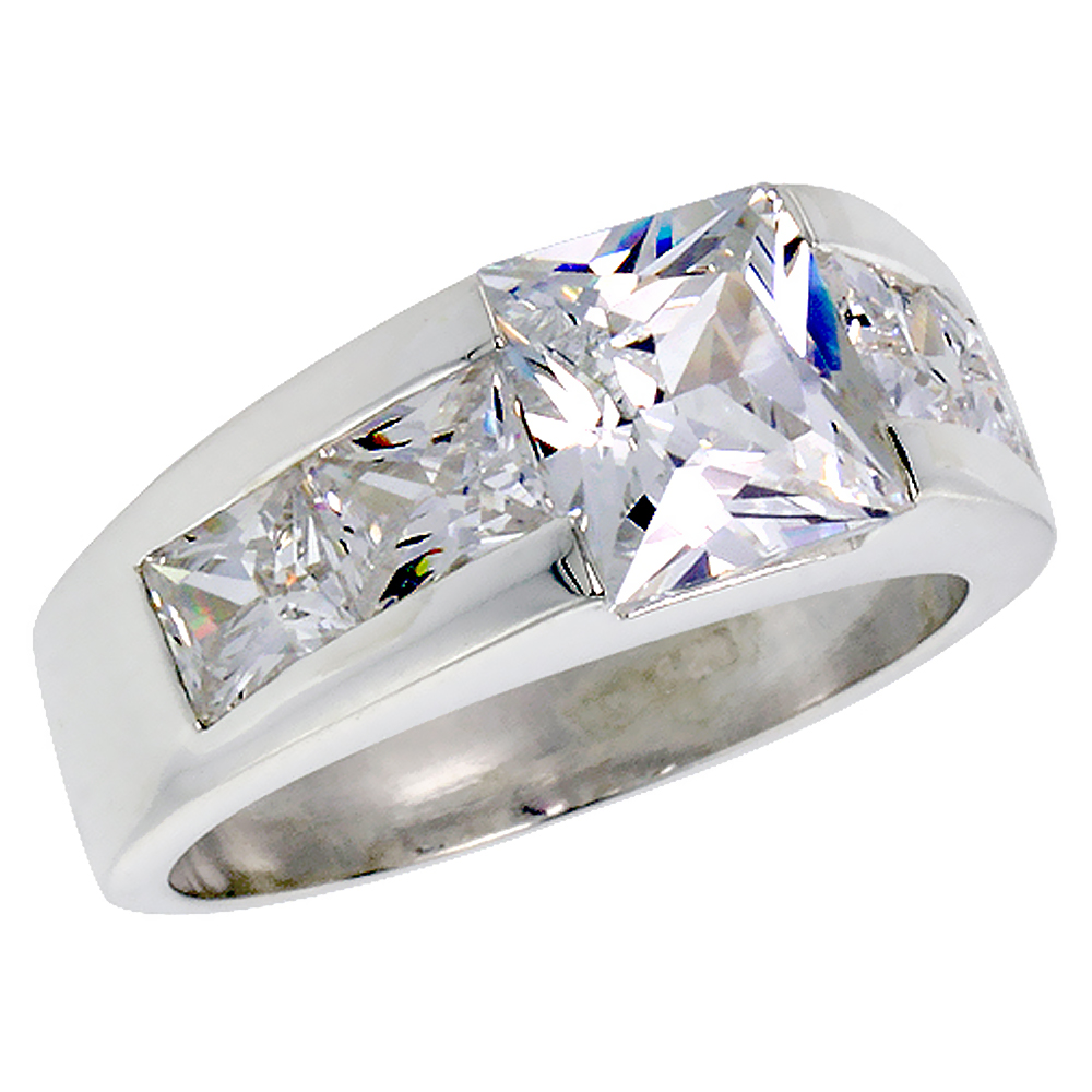 Mens Sterling Silver Cubic Zirconia Ring Princess Cut 3 ct Center 4 side stones, sizes 8 to 13