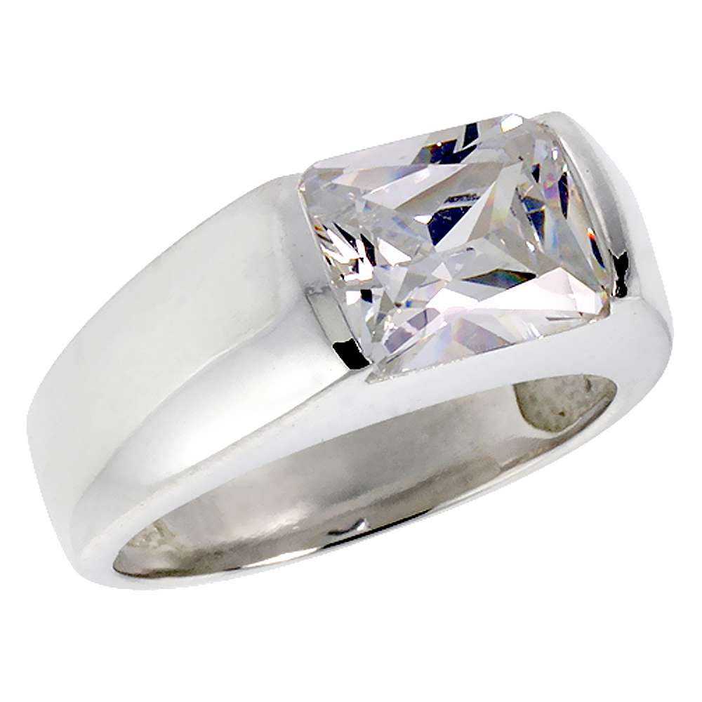 Mens Sterling Silver Cubic Zirconia Solitaire Ring Emerald Cut 3 ct size, sizes 8 to 13