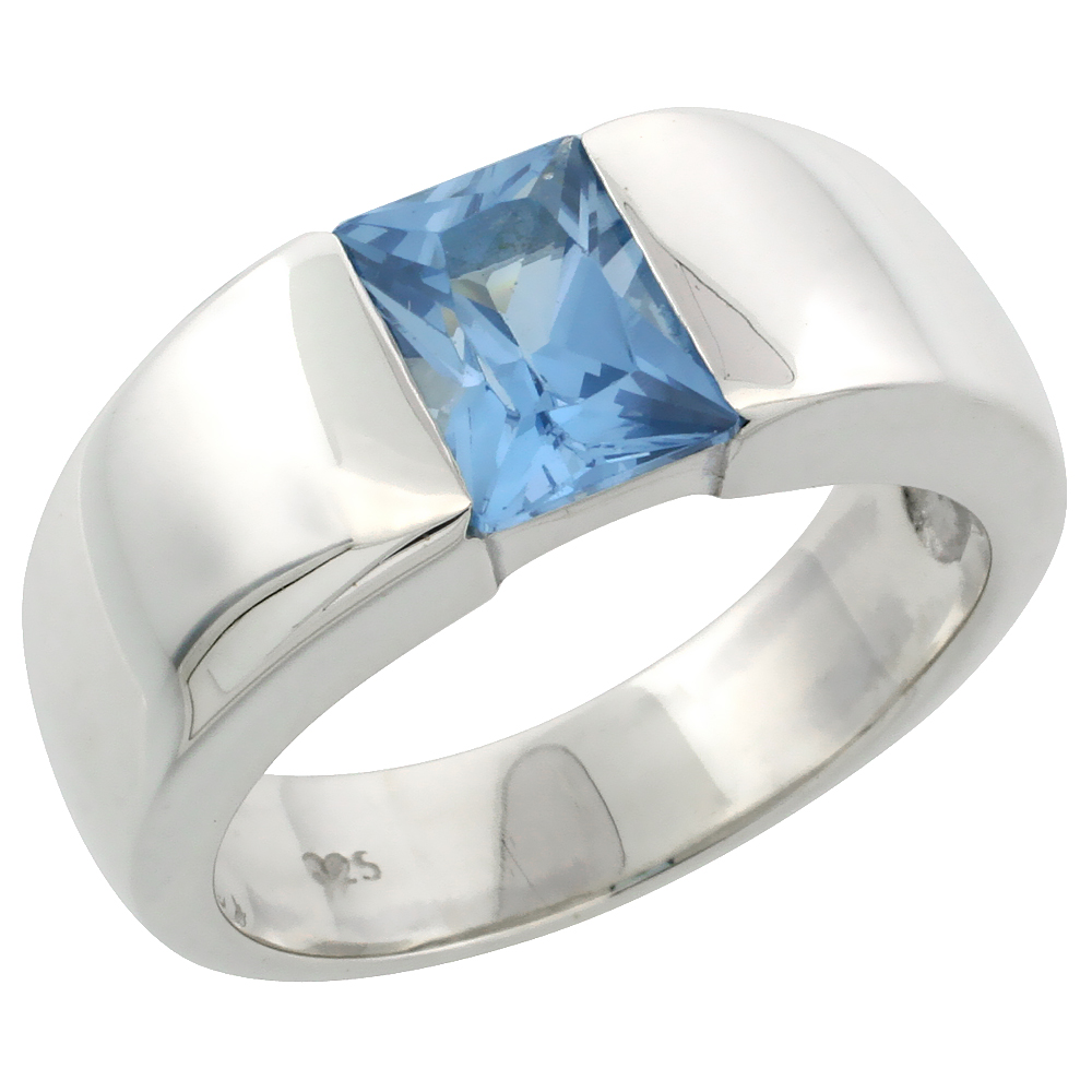 Mens Sterling Silver Blue Topaz CZ Solitaire Ring Emerald Cut 1.5 ct size, sizes 8 to 13
