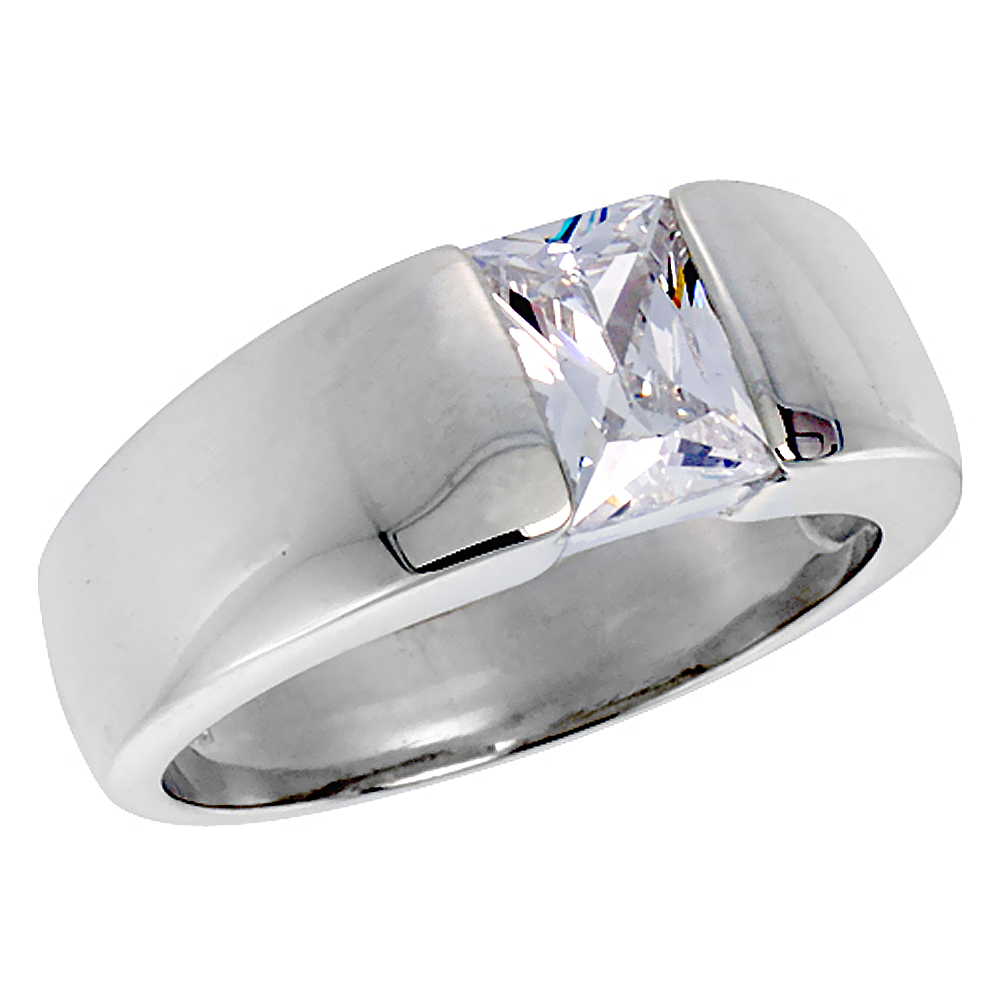 Mens Sterling Silver Cubic Zirconia Solitaire Ring Emerald Cut 1.5 ct size, sizes 8 to 13